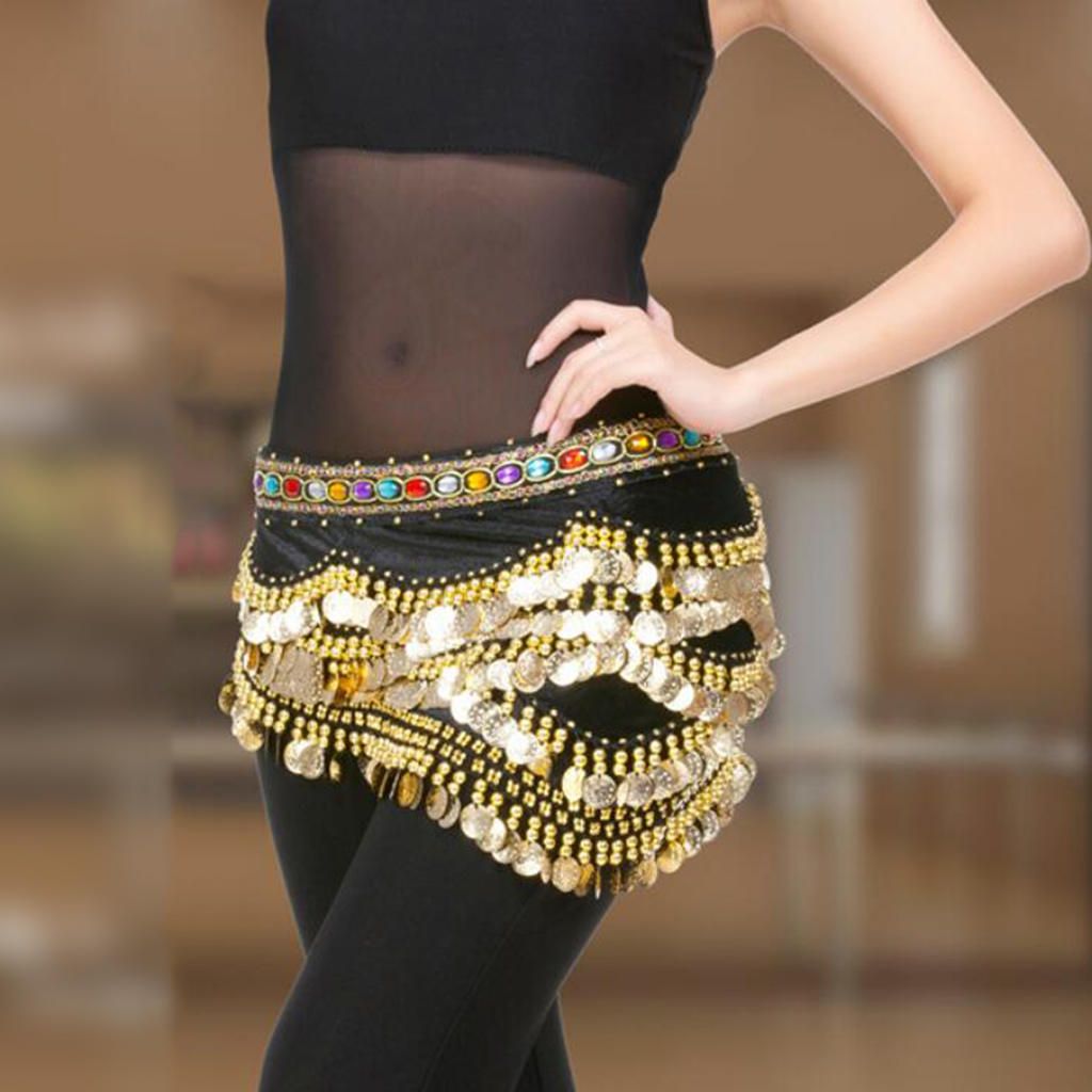 Velvet Dangling Gold Coins Belly Dancing Hip Skirt Scarf Wrap Black