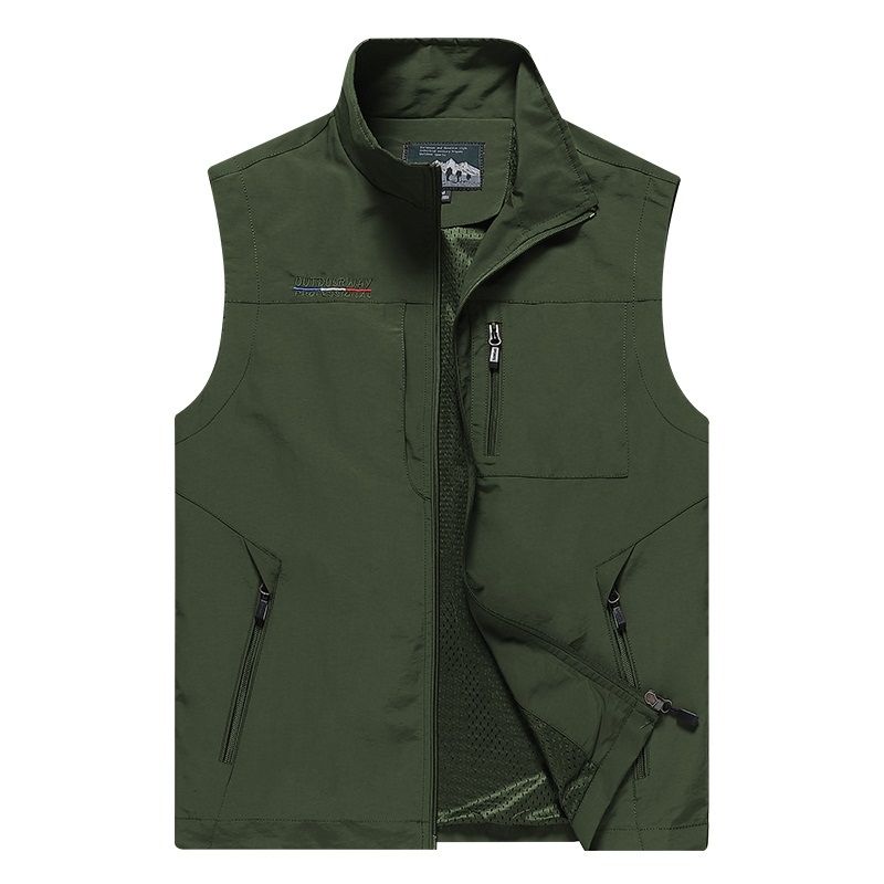 Men Sleeveless Stand Collar Loose Vest Multi-pockets Vest (Army Green)