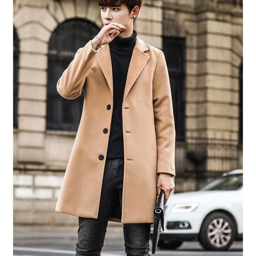 Khaki Autumn Winter New Medium-length Woolen Overcoat Men Slim Coat Windbreaker