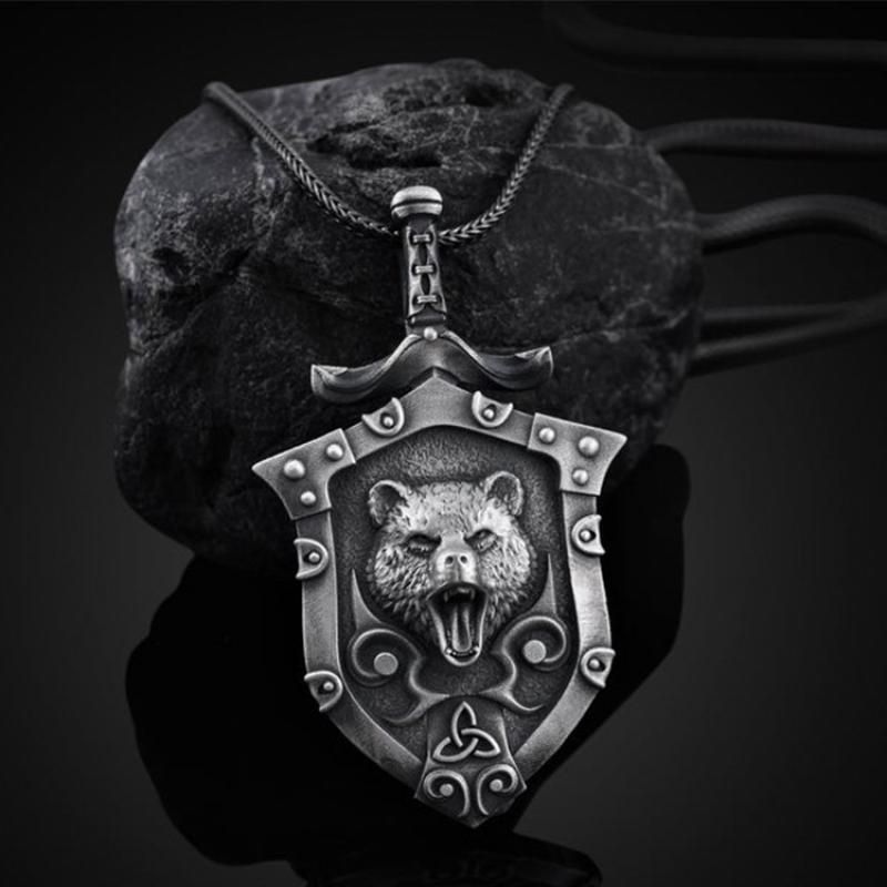 Black Bear Necklace Vintage Mens Necklace Halloween Shield Pendant Necklace