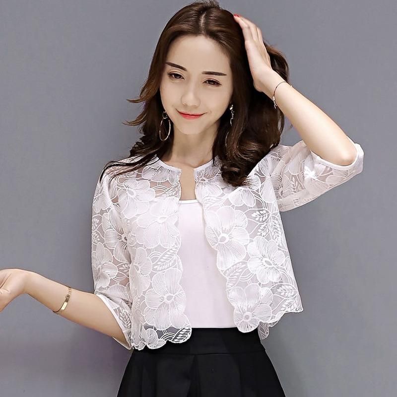 2023 Summer New Women Half Sleeve O-neck Shawl Coat Thin Sun Protection Clothing Mesh Lace All-match Cardigan Jacket Y45