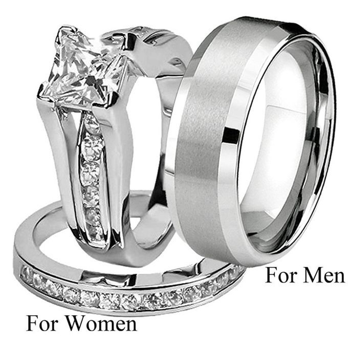 Wedding Ring Set Diamond For Couple Silver