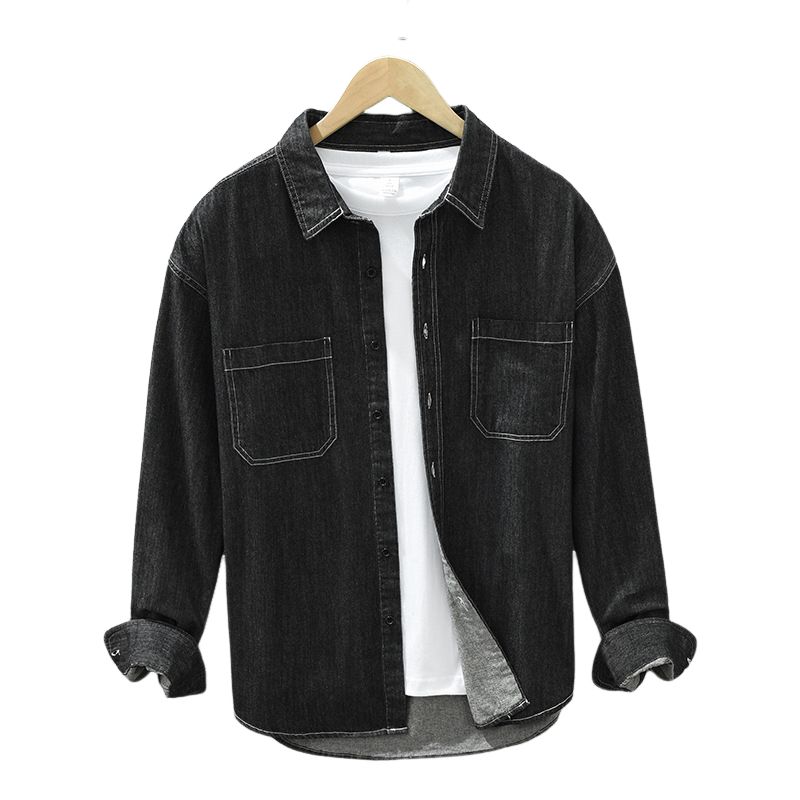 100% Cotton  Men Denim Shirts Long Sleeve Plain Casual Turn Down Collar-Black