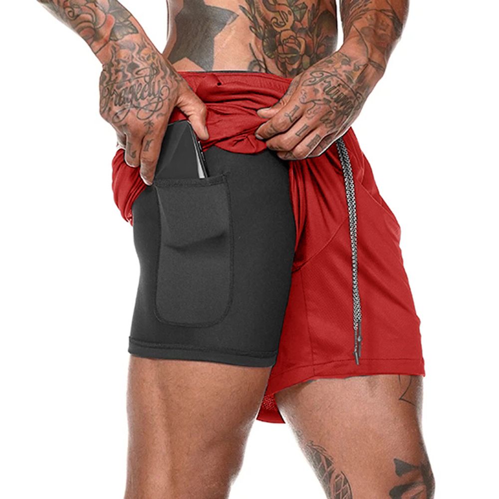 Men 2-in-1 Workout Running Shorts Sport Hip Fitness-red