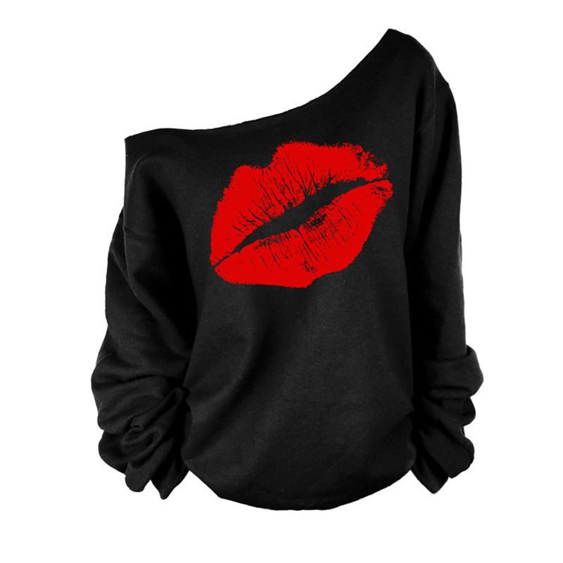 Women Long Sleeve Autumn Suit Red Lips Sweatshirt