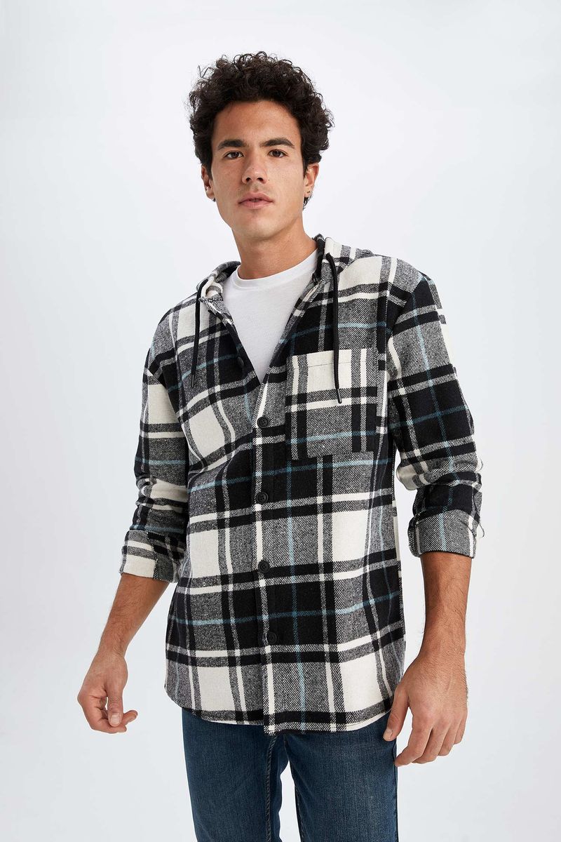 Man Young Oversize Fit Hooded Woven Long Sleeve Shirt - Black