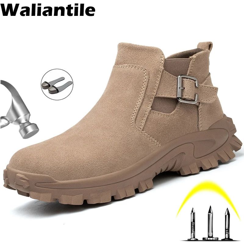 Safety Shoes Waliantile Genuine Leather Safety Boots Men Constuction Work Shoes