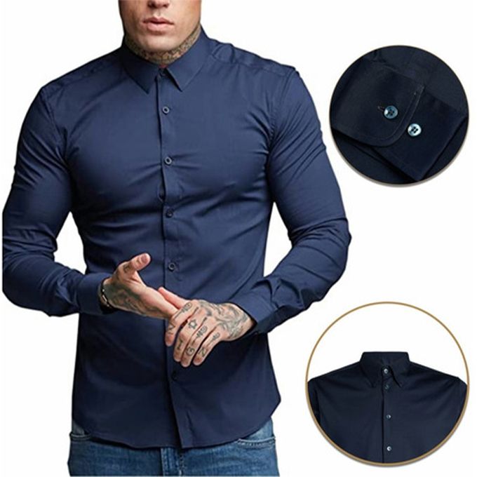 Men‘s Shirt Fashion Formal Long Sleeve Business-Navy Blue