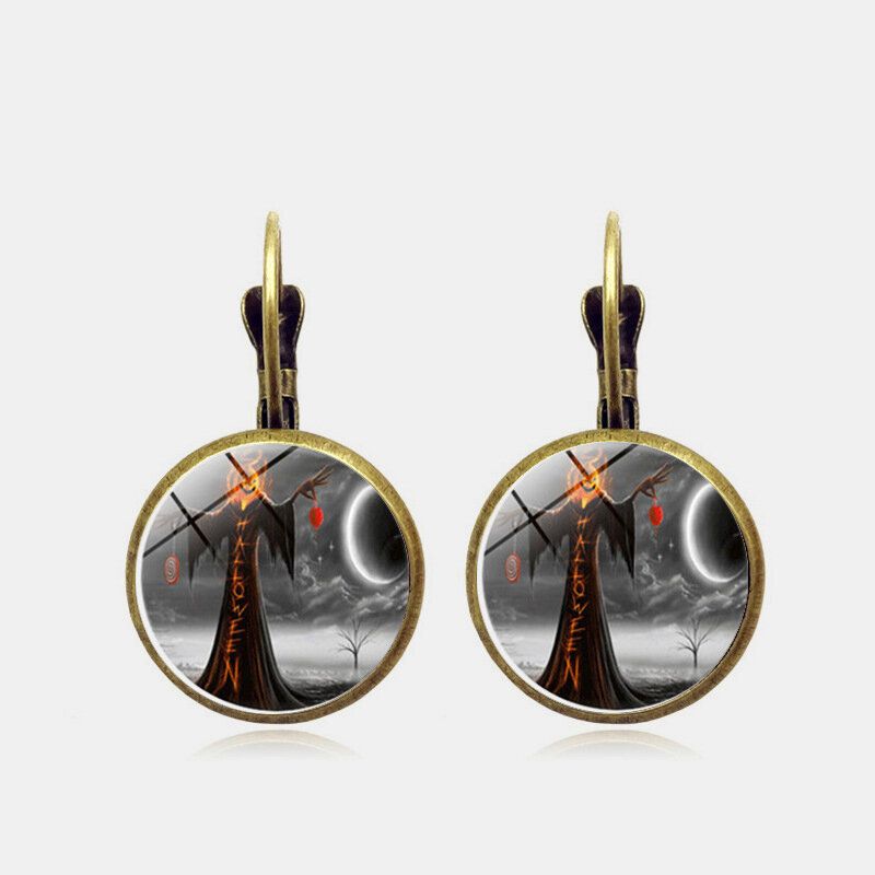 Vintage Halloween Witch Earring Bronze Round Glass Ear Drop