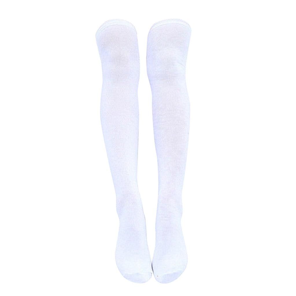 Women Girl Extra Long Plain Thigh High Socks Soft Cotton White