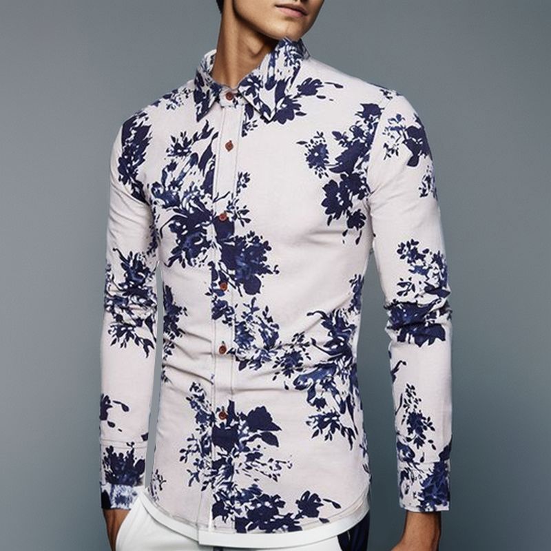 Mens Long Sleeve Casual Pattern Floral Polo Business Printed Shirts