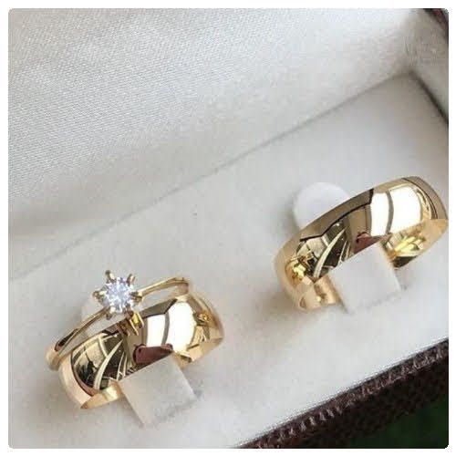3pc. 8mm Width Stainless Steel Gold Tone Alloy Engagement Wedding Ring Set