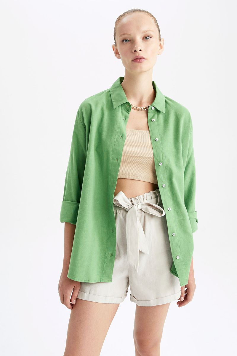 Woman Oversize Fit Shirt Neck Long Sleeve Woven Tunic-Green