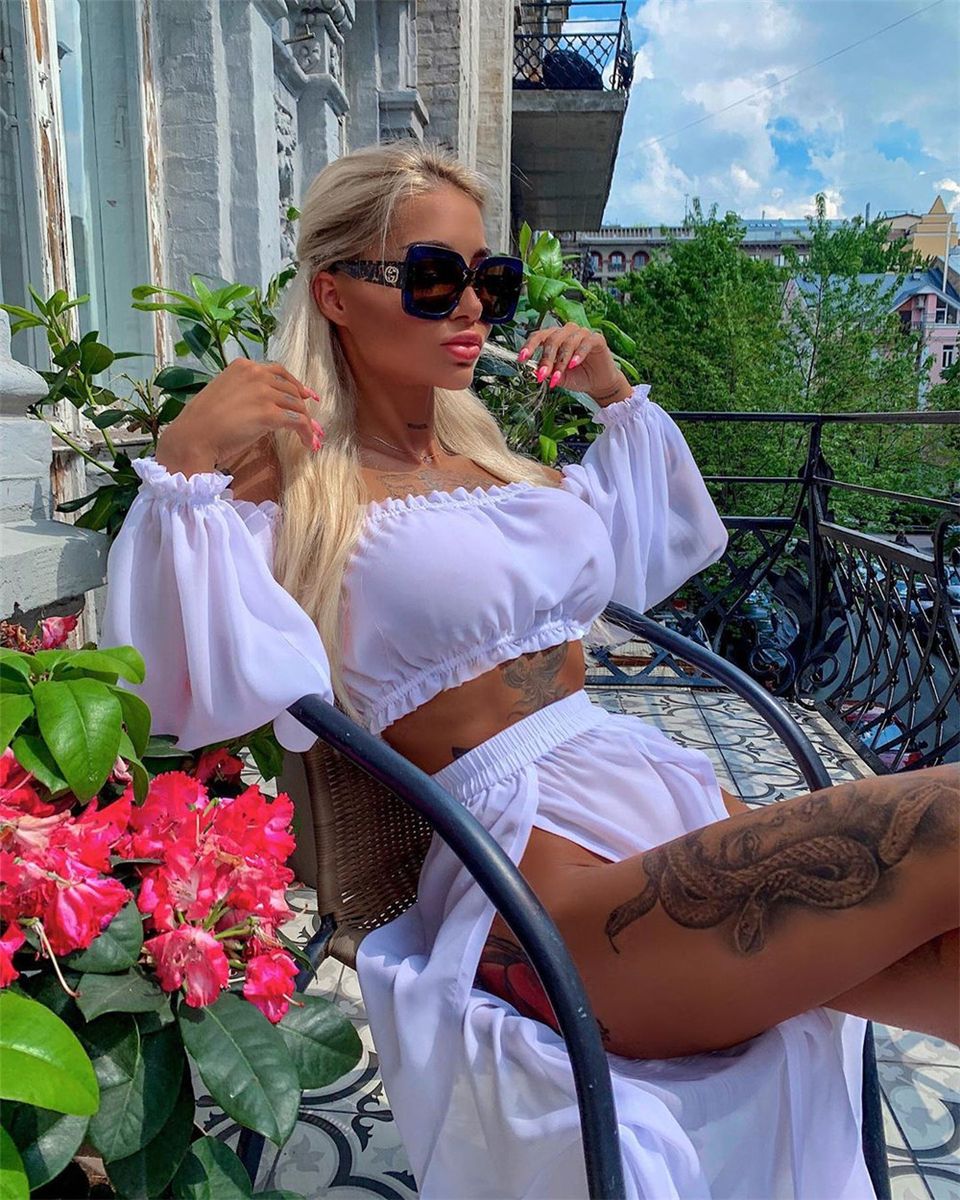 (White)2023 Bikini Beach Cover Up Two Piece Dress Swimwear Swimsuit Women Summer Ladies Bathing Suit Solid Beach Wear Hot Sale SMA
