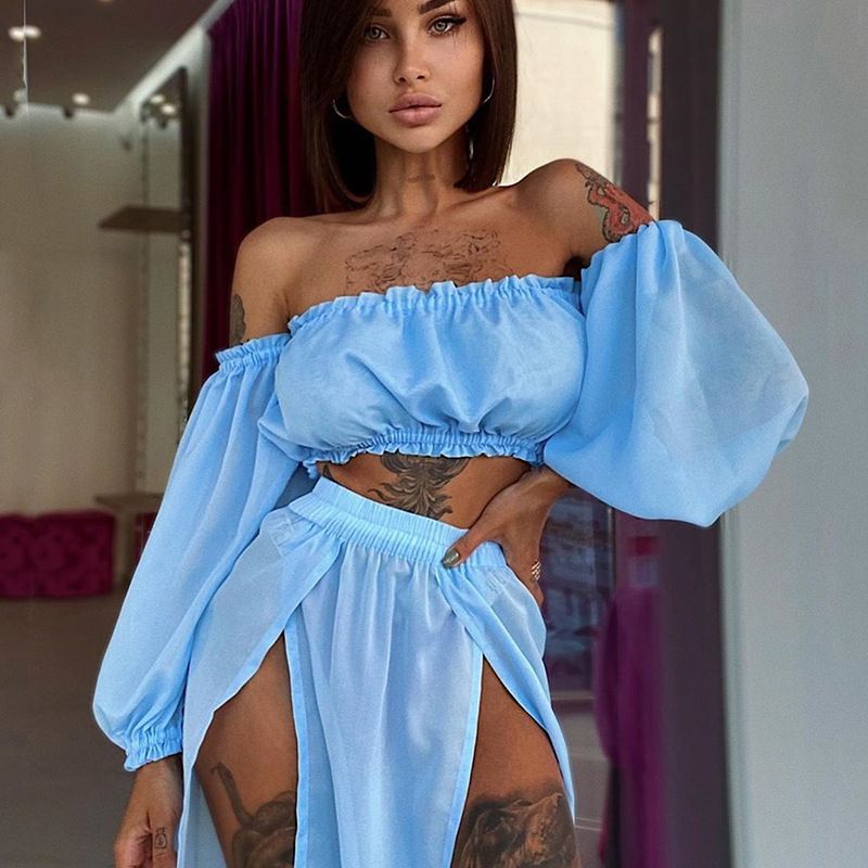 (Blue)2023 Bikini Beach Cover Up Two Piece Dress Swimwear Swimsuit Women Summer Ladies Bathing Suit Solid Beach Wear Hot Sale SMA