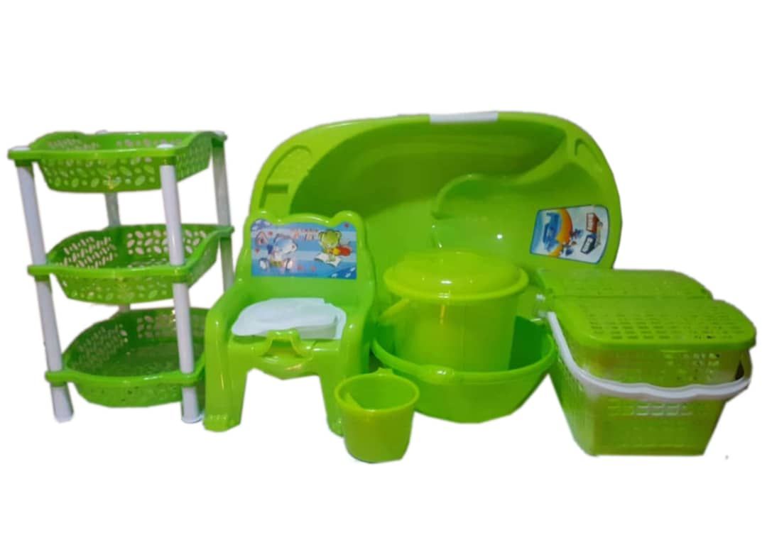 Baby Bath Set - 7pcs + 3 Tiers Plastic Trolley -Lemon Green