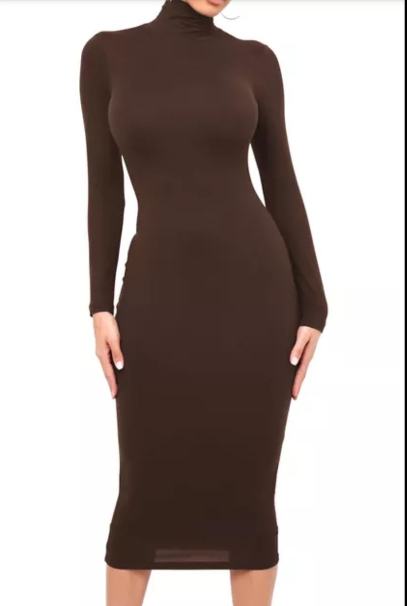 Chocolate Brown Classy Fitted Turtle Neck Classy Dress