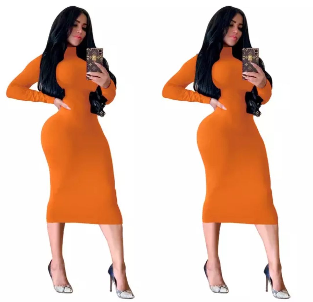Orange Fitted Turtle Neck Classy Dress