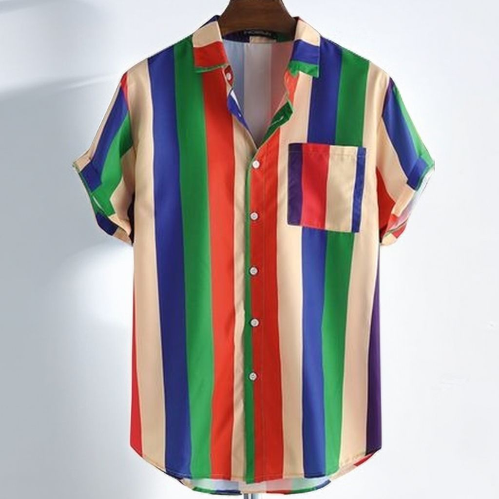 Summer Mens Loose Vintage Short Sleeve Hawaii Beach Shirts  - Rainbow