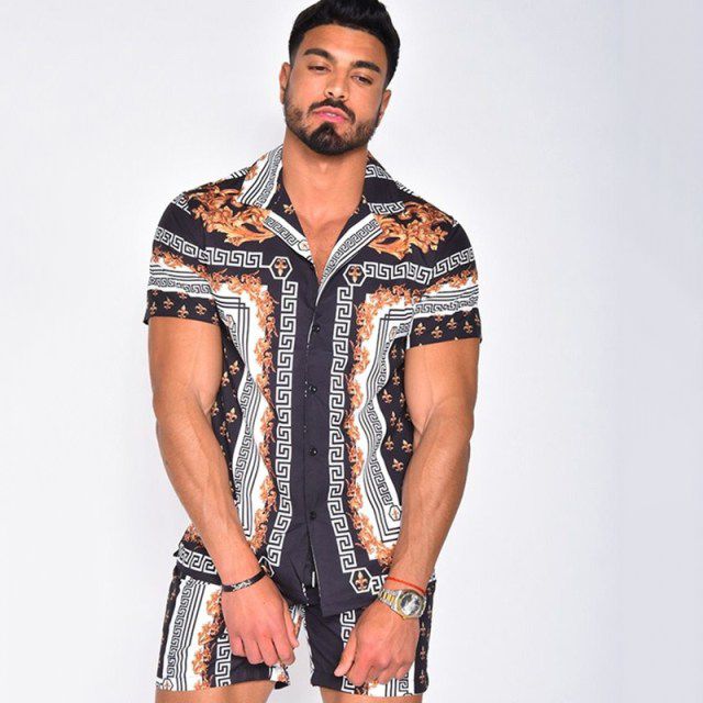 Men's Suits Summer Hawaii Print Shirt Casual Beach Suit
