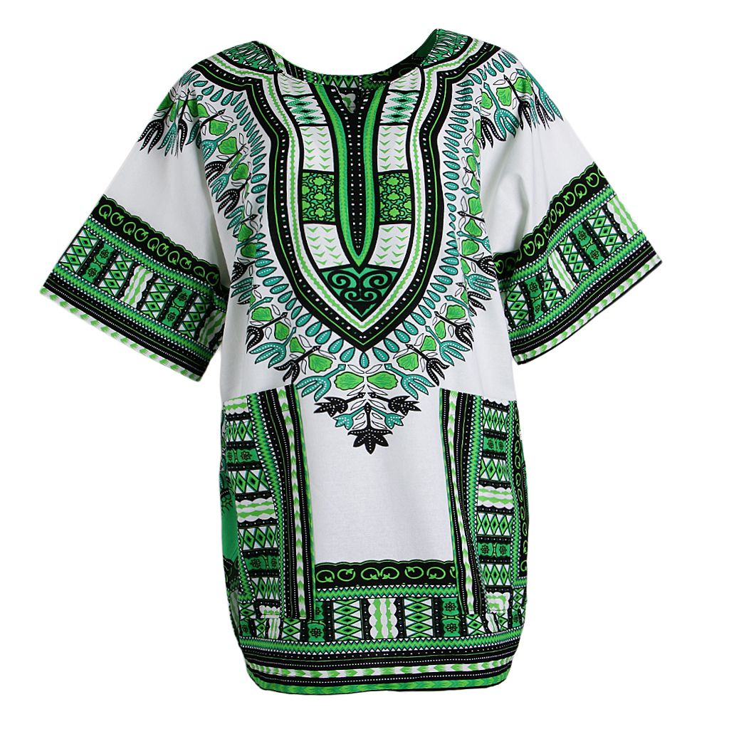 Short Sleeve Dashiki Shirt Colorful African Clothing Kaftan Green