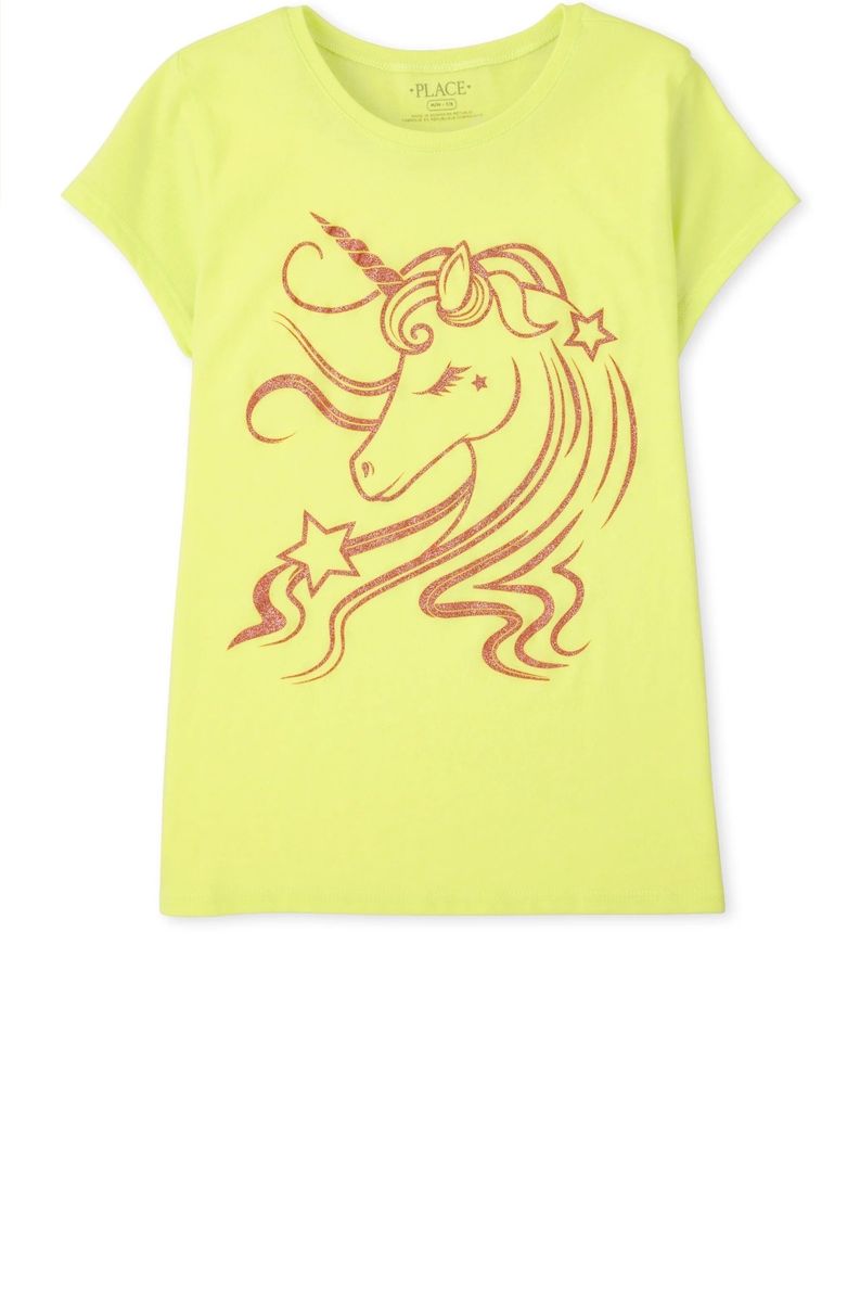 Girls Sketch Unicorn Glitters Graphic Top - Lemon Green