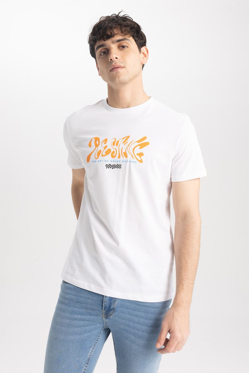 Man Young Slim Fit Short Sleeve Crew Neck Knitted T-Shirt - White