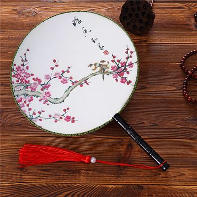 Ladies Antique Circle Double Large Fan Round Decorative Fan Printed Big Chinese Handle Silk Dance 24cm Hand Costume Fan