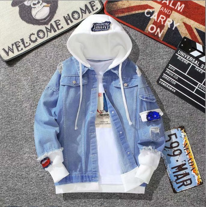 Denim Jacket Hooded Jacket Casual Jacket Youth Trend Hooded Couple-Light Blue