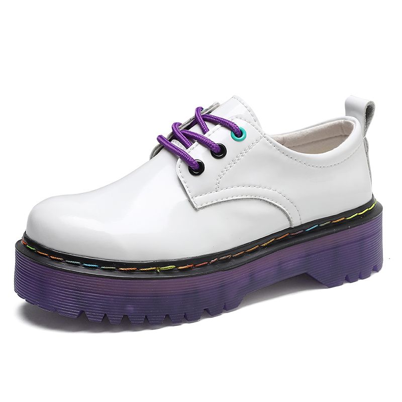 Chunky Women Leather Platform Shoes Round Toe  Lace Up Ladies Flats Handmade