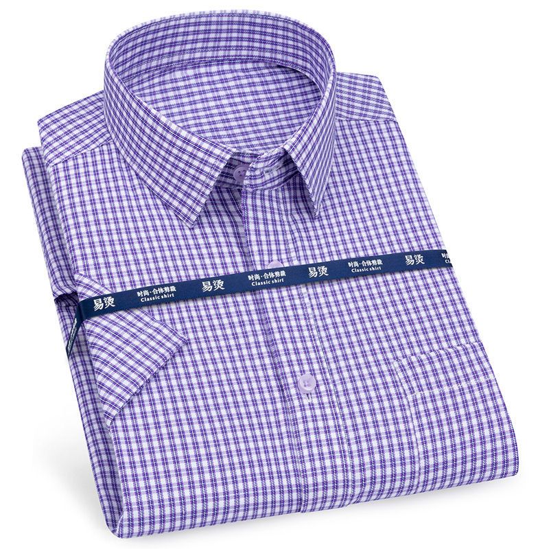 （Dark Purple Plaid）Mens Short Sleeve Shirt Business Casual Classic Plaid