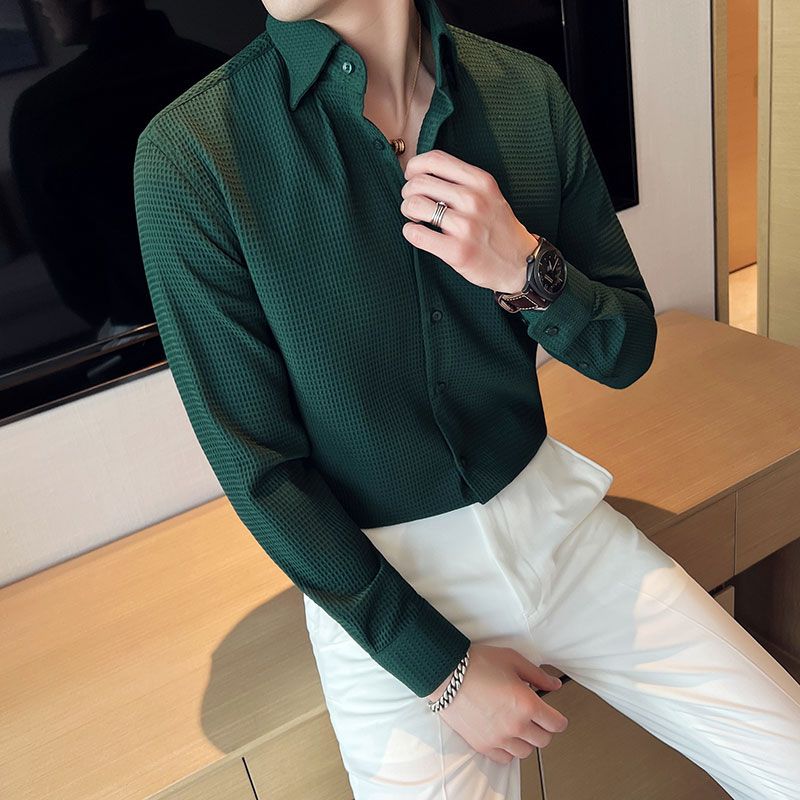 （Green）Fashion Waffle Fabric Solid Shirts Mens Long Sleeve Business Slim Fit