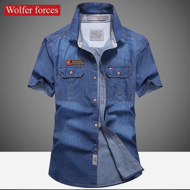 （Grey Blue 3106）Men's Fashionable Denim Shirt Summer Short Sleeve Shirt