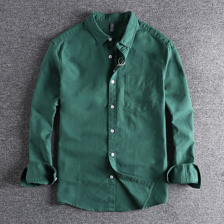（Green）Men Pocket Washed Oxford N Long Sleeve Shirt Fashion Sold Color Single