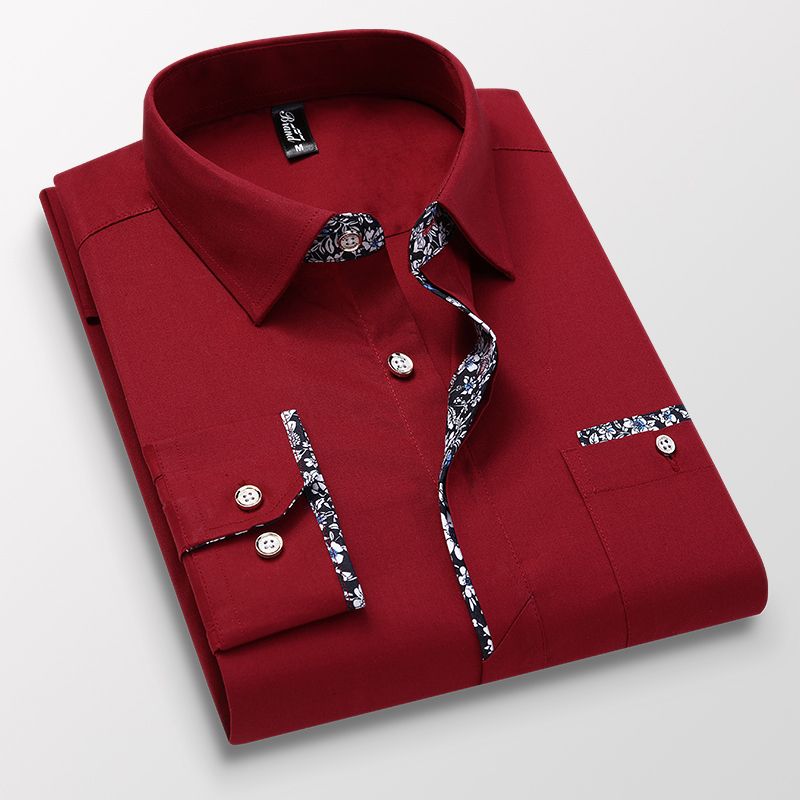 （02 Wine Red）Mens Long Sleeve Shirt 2023 Autumn Solid Color Print Business