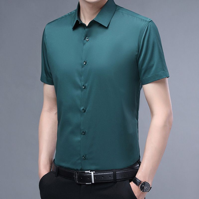 （dark Green）Summer Fashion Satin Silk Smooth Short Sleeve Office Dress