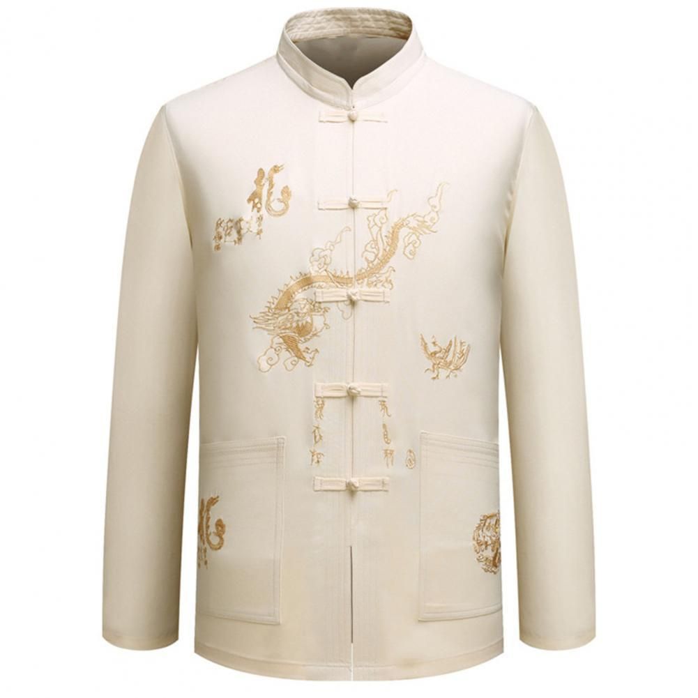 （Light Blond）Men Shirt Dragon Male Clothes Tangsuit Traditional Chinese
