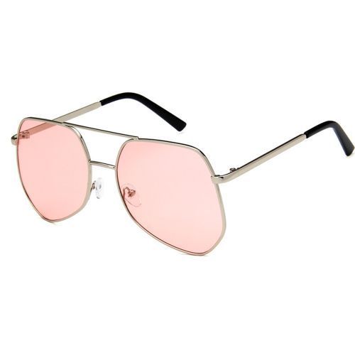 Metal Silver Big Frame Sunglasses Polygonal Reflective Pink Lens