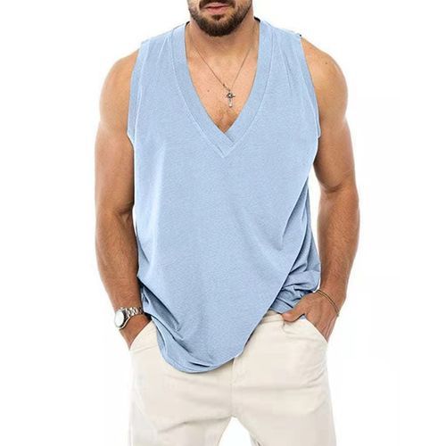 Men's New Sleeveless Vest Casual Solid Color Cotton Linen T-Shirt-light Blue