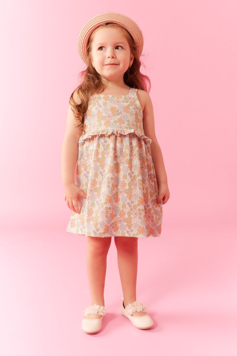 BabyGirl Casual Regular Fit Collarless Strappy Knitted Dress - Ecru