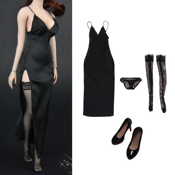 1:6 Black Slip Dress Skirt Briefs High Heels Set For 12'' Action
