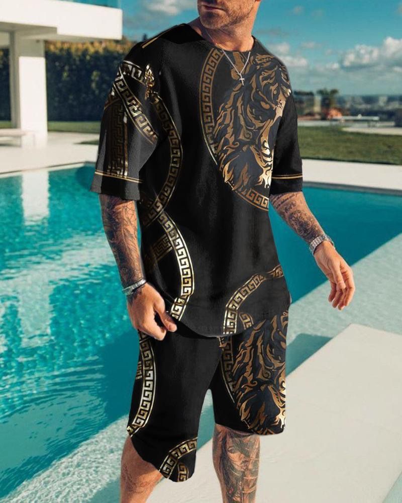 Men 2 In 1 Summer Irregular Short Sleeve Top Short Pant Set