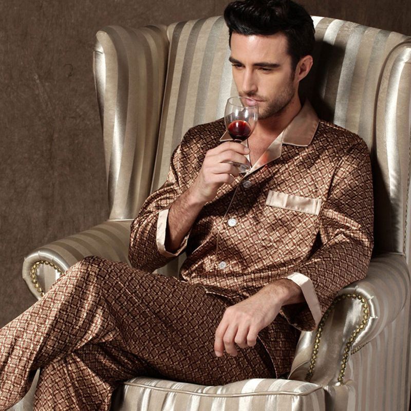 Mens Designer Pajamas For Men Nightwear Long Sleeve Sleep Tops Trousers Thin Ice Silk Pajamas Men Sleepwear Set Pijama Set Golden Size L