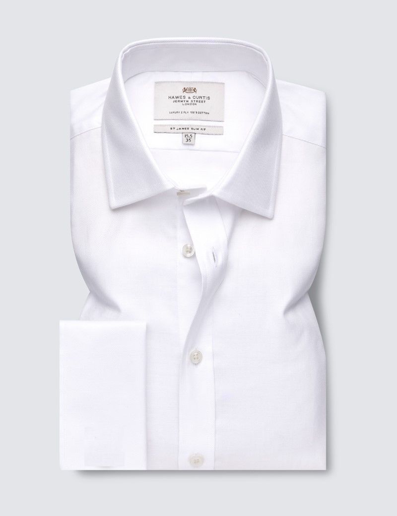 Easy Iron White Twill Slim Fit Shirt With Semi Cutaway Collar - Double Cuffs