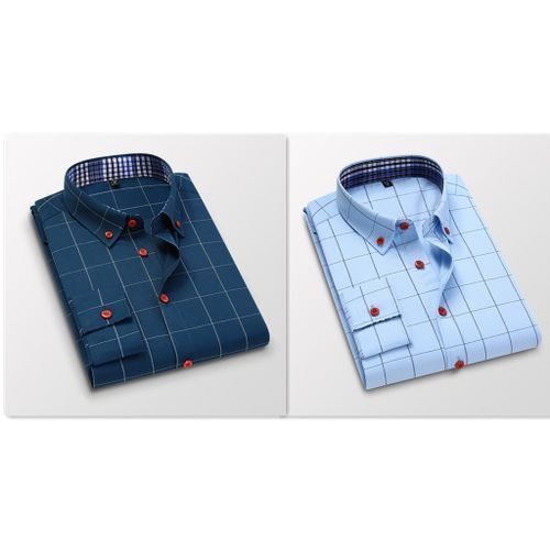 2 IN 1 M-5XL Mens Business Formal Wear Office Shirt Plaid Casual Wear 2 Pieces Blue+Blue