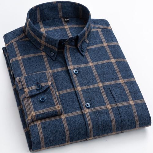 Men's Fashion Brushed Cotton Checkered Plaid Shirt Single Patch Pocket Standard-fit Full Sleeve Comfortable Thick Casual Shirts(18-581)
