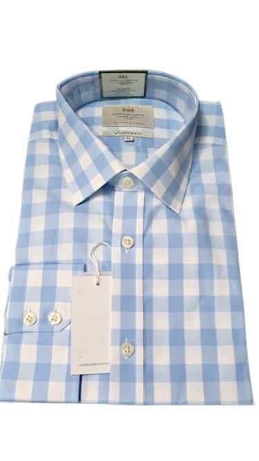 Non Iron Blue & White Large Check Slim Fit Shirt - Single Cuffs