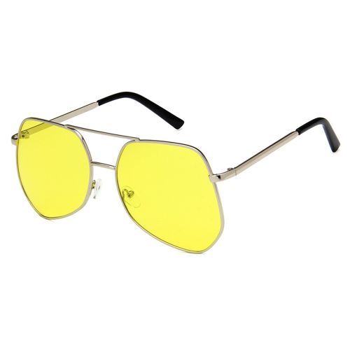 Metal Silver Big Frame Sunglasses Polygonal Reflective Yellow Lens