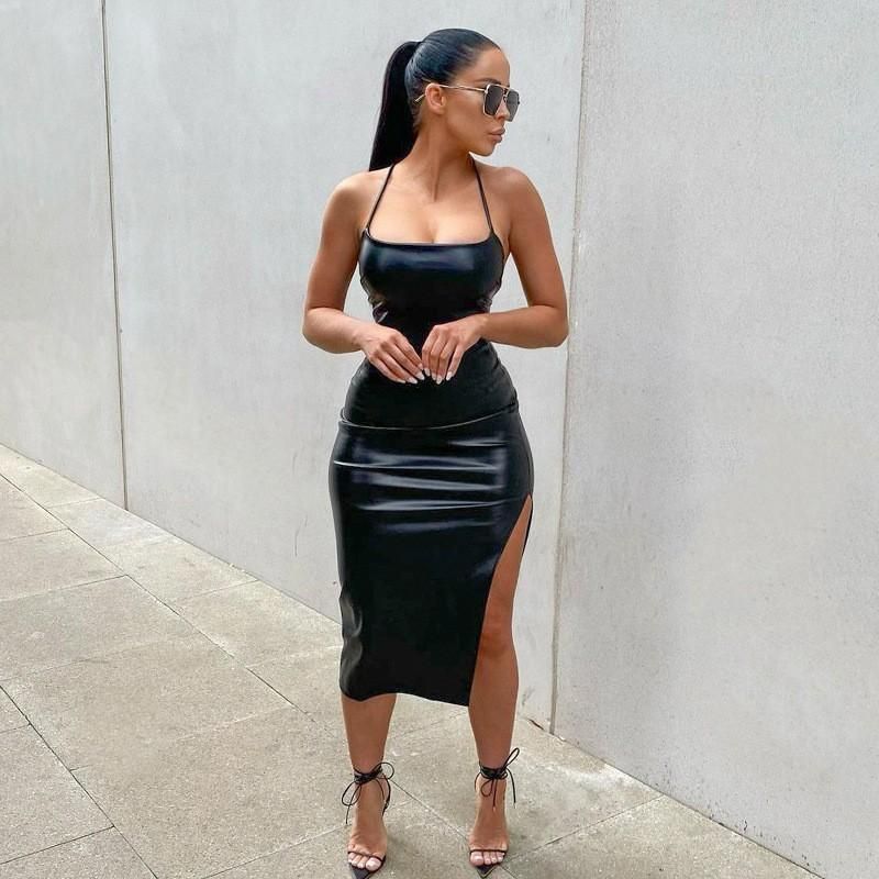 New PU Leather Night Shop Style Sexy Open Back Strap Solid Color Personalized Split Strap Dress