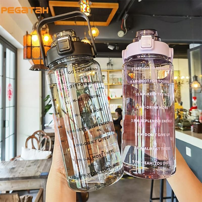 2L/1L Water Bottle With Straw Time Marker Plastic Travel Water Cup Gradient Color Large Capacity Frosted Outdoor Sports Bottles